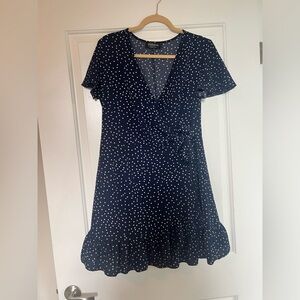 Navy Blue Polka Dot Wrap Mini Dress